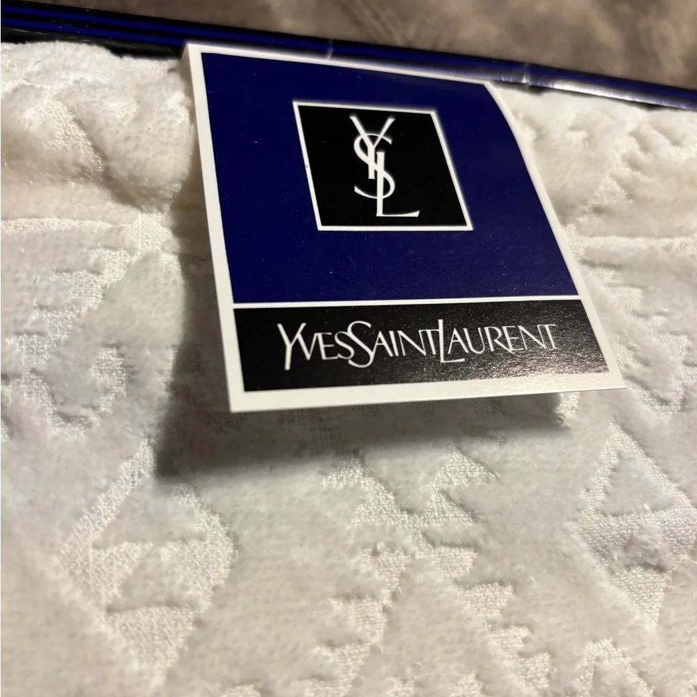 Yves Saint Laurent White Towel with Blue and Teal Stripes. New in the box